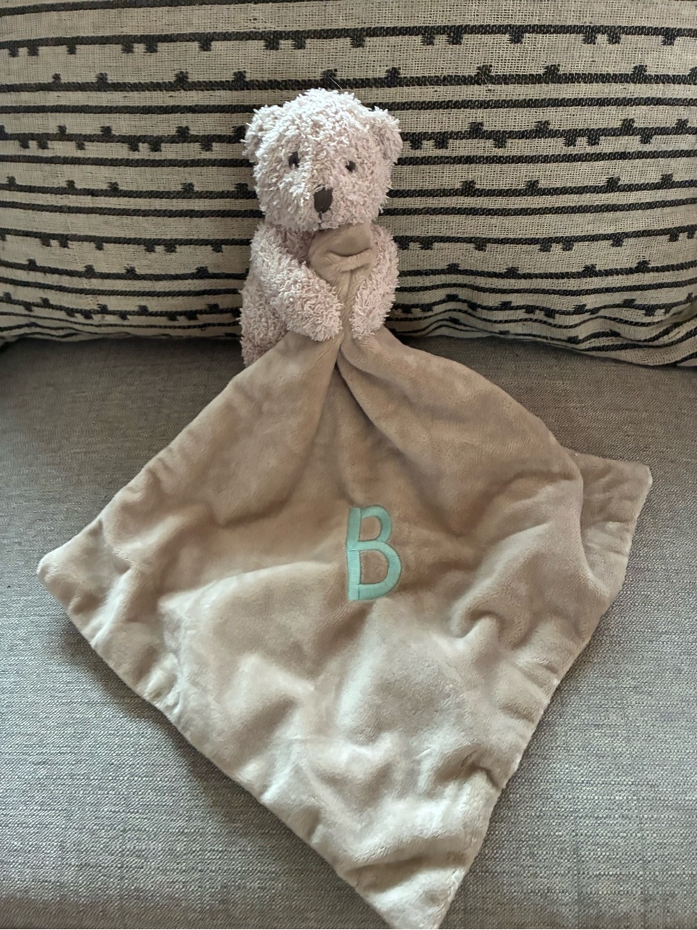 Plush Bear Comfort Blanket - Beige with Mint 'B' Embroidery